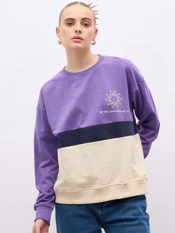 Styli - Women Purple Oversize Fit Regular Length Color Blocked Sweatshirt