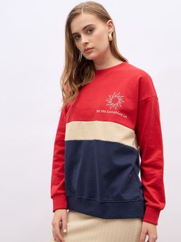 Styli - Women Red Oversize Fit Regular Length Color Blocked Sweatshirt