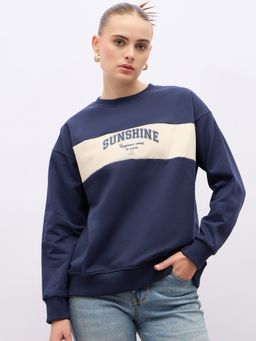 Styli - Women Navy Blue Oversize Fit Regular Length Color Blocked Sweatshirt