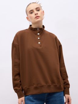 Styli - Women Brown Oversize Fit Regular Length Button Placket Sweatshirt