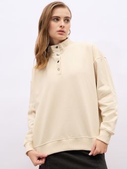 Styli - Women Off White Oversize Fit Regular Length Button Placket Sweatshirt