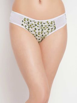Clovia - Low Waist Plant Print Bikini Panty In White With Powernet Panel White