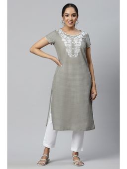 Aurelia - Grey Polka Dots & Embroidered Round Neck Ethnic Kurta