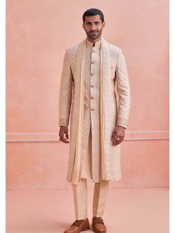 Philocaly - Helix Regular Fit Embroidered Beige Sherwani with Kurta and Trouser and Stole