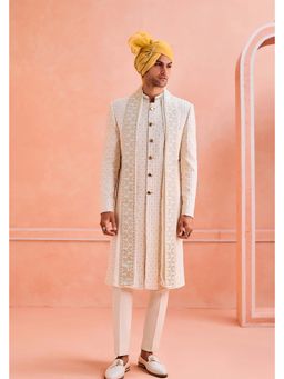 Philocaly - Off White Embroidered Sherwani with Kurta & Trouser and Stole