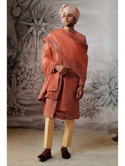 Philocaly - Varnan Regular Fit Embroidered Rust Sherwani with Kurta and Trousers and Stole