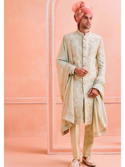 Philocaly - Gulshan Slim Fit Floral Green Sherwani with Kurta and Trouser and Stole