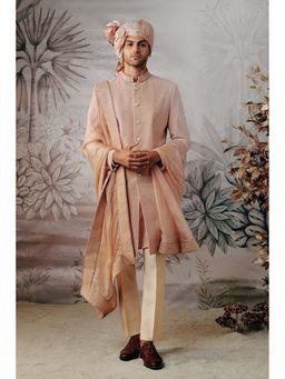 Philocaly - Temple Slim Fit Embroidered Peach Sherwani with Kurta and Trouser and Stole