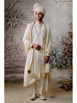 Philocaly - Chakor Regular Fit Embroidered Ivory Sherwani with Kurta and Trouser and Stole