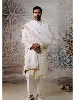 Philocaly - Wheat Regular Fit Embroidered Ivory Sherwani with Kurta and Trouser and Stole