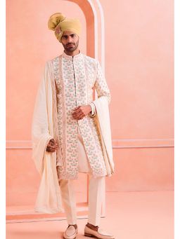 Philocaly - Guldasta Slim Fit Embroidered Ivory Sherwani with Kurta and Trouser and Stole