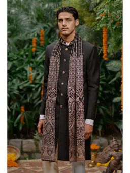 Philocaly - Nightshade Set Regular Fit Solid Black Achkan and Dupatta