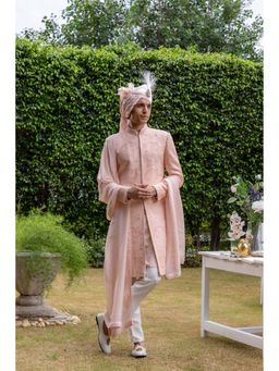 Philocaly - Gulzaar Regular Fit Embroidered Pink Sherwani with Kurta and Trousers and Stole
