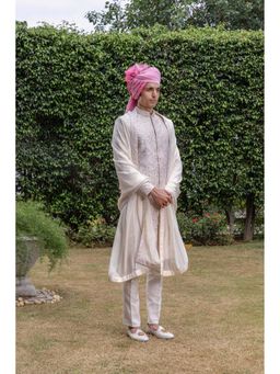 Philocaly - Rooh Slim Fit Embroidered Grey Sherwani with Kurta and Trousers and Stole