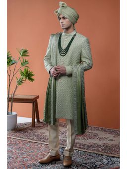 Philocaly - Olivan Regular Fit Embroidered Olive Sherwani with Kurta and Safa and Stole and Pant