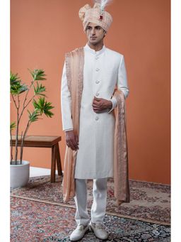 Philocaly - Doriyaar Slim Fit Embroidered White Sherwani with Kurta and Safa and Stole Pants