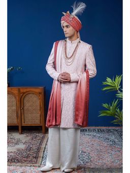 Philocaly - Zaroon Slim Fit Embroidered Pink Sherwani with Kurta and Safa and Stole and Pant