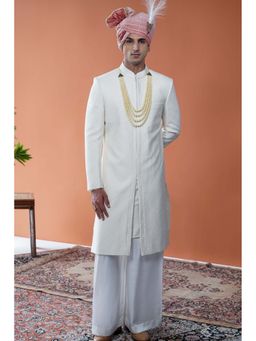 Philocaly - Divyant Slim Fit Embroidered White Sherwani with Kurta and Safa and Stole and Pants