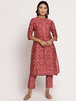 Shree - Women Modal Chanderi Red Ornamental Printed Kurta With Trouser (Set Of 2)