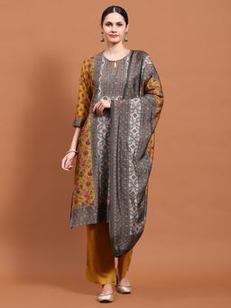 Shree - Women Poly Viscose Mustard Floral Print Kurta And Comfort Pant With Dupatta (Set Of 3)