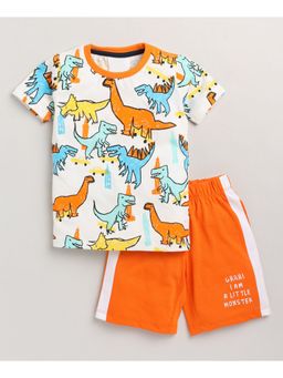 Lazy Shark - Boys Cream and Orange Printed Cotton T-Shirt with Shorts (Set of 2)