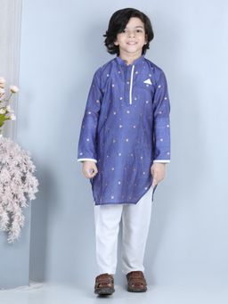 Kinder Kids - Purple Gold Jacquard Kurta With Show Pocket Paired With Pajama (Set of 2)
