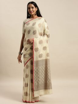 Sangam Prints - Beige Cotton Handloom Zari Work Traditional Saree with Unstitched Blouse