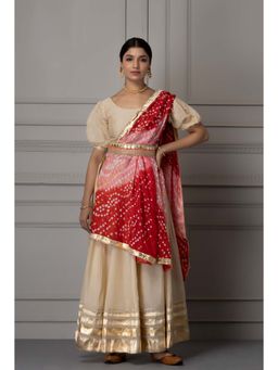 Geroo Jaipur - Off-White Handcrafted Gota Work Chanderi Lehenga Set