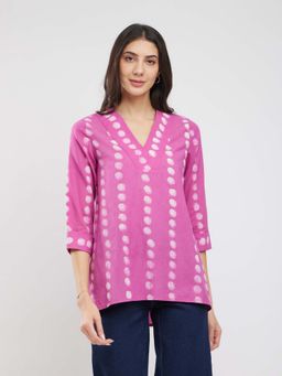 Pink Fort - Cotton Dabu Polka Print Top - Pink