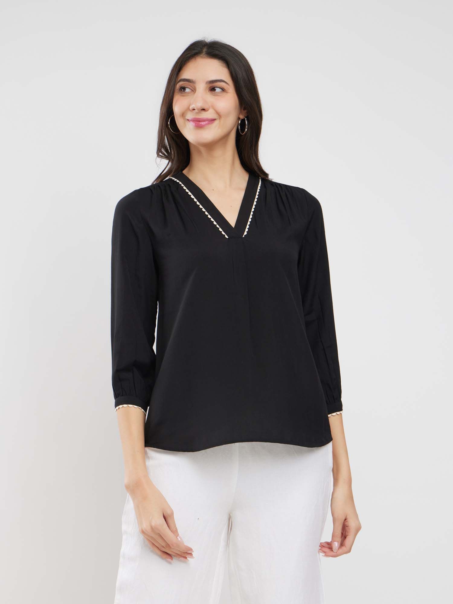 pink fort Rayon Solid Pleated V-Neck Top - Black-picture-24