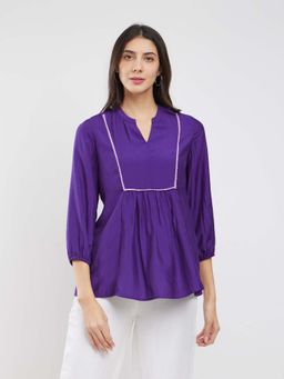 Pink Fort - Rayon Solid Yoke Detail Top - Purple
