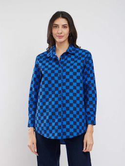 Pink Fort - Cotton Checked Boxy Shirt - Blue