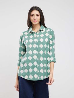 Pink Fort - Cotton Dabu Abstract Print Shirt - Green