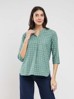 Pink Fort - Cotton Dabu Polka Pleated Top - Green