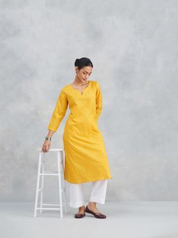 Fabindia - Mustard Self Design Regular Fit Kurta