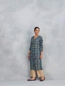 Fabindia - Indigo Floral Regular Fit Kurta