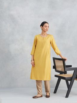 Fabindia - Mustard Solid/Plain Regular Fit Kurta