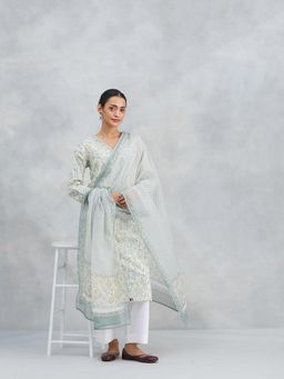 Fabindia - White Floral Regular Fit Kurta and Dupatta (Set of 2)