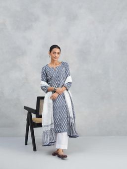 Fabindia - Indigo Printed Regular Fit Kurta and Dupatta (Set of 2)