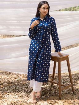 Mera Rang - Indigo Polka Dots Straight Fit Kurta