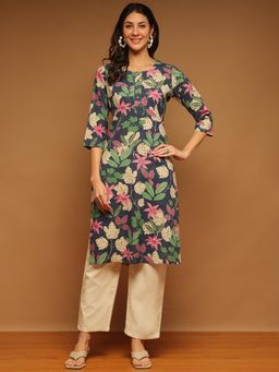 Aravalii - Blue Floral Straight Fit Kurta