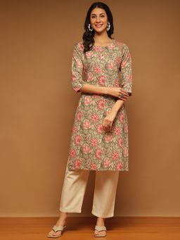Aravalii - Beige Floral Straight Fit Kurta