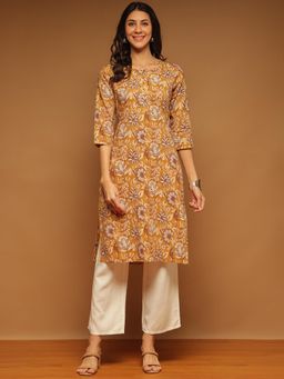 Aravalii - Mustard Floral Straight Fit Kurta