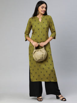 Vinya - Green Woven Straight Fit Kurta