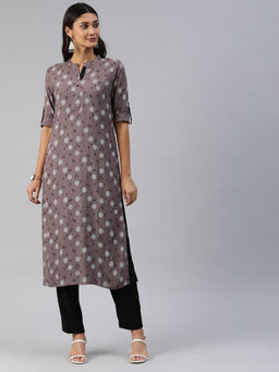 Vinya - Grey Printed Straight Fit Kurta