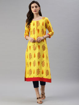 Vinya - Yellow Printed Straight Fit Kurta