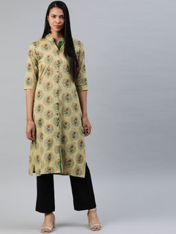 Vinya - Beige Floral Straight Fit Kurta