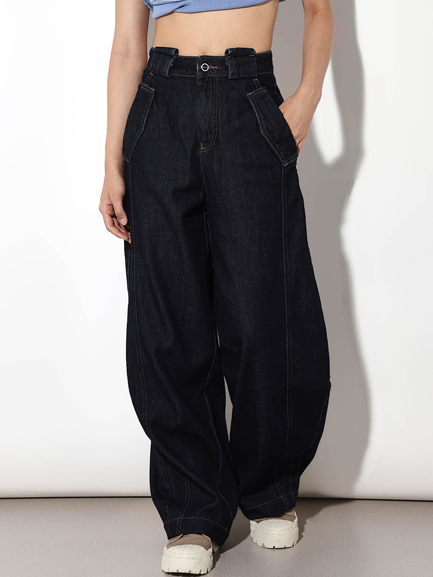 Womens Solid Loose Fit High-Rise Navy Blue Jeans