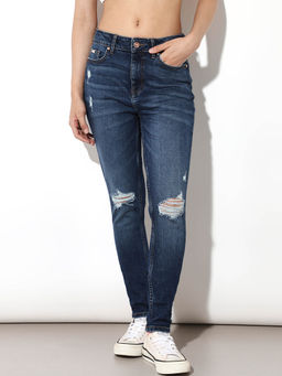 ONLY - Womens Solid Slim Fit Mid-Rise Dark Blue Jeans