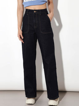 ONLY - Womens Solid Wide Leg High-Rise Navy Blue Jeans